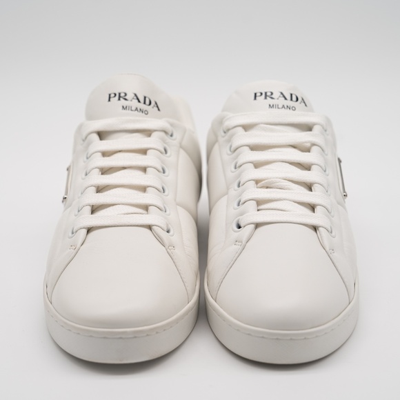 size 40eu 10 US Prada Triangle Logo Padded Sneakers White Leather Triangle - Picture 2 of 15